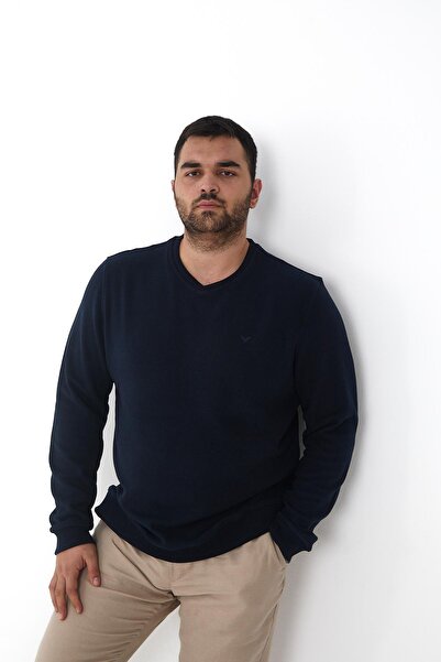 Maccali Men's Large Size V-Neck Oversized Basic Navy Blue Sweatshirt