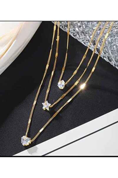 BYFASHION 3'lü Çelik Altın Renk Taşlı Kolye