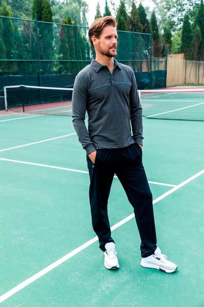 Piyera Men's Two Thread Fabric Light Anthracite Polo Neck Long Sleeve Sweatsh...