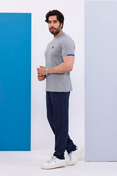 Piyera Men's Battal Size Light Gray Crew Neck T-Shirt Bottom-Top Set - 130