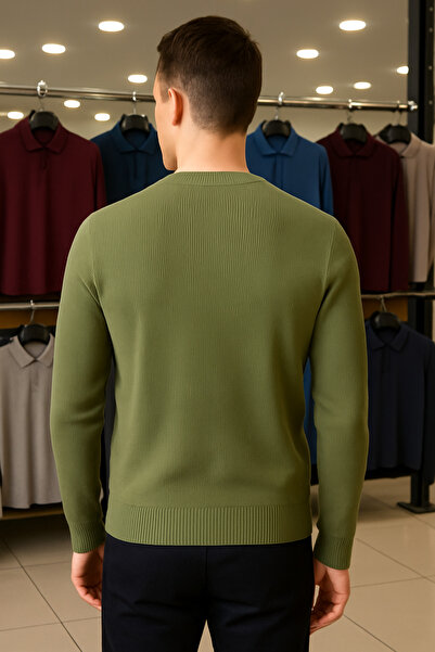 Maccali Ανδρικό πλεκτό πουλόβερ με ριγέ χακί λαιμόκοψη