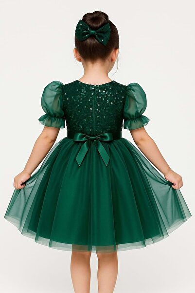 Mnk Baby&Kids Balon Kol Pul Payet Kız Çocuk Tütü Elbise M00751 YEŞİL