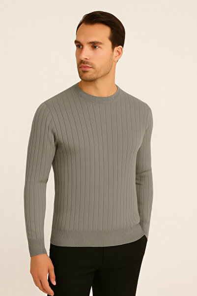 Maccali Ανδρικό μακρυμάνικο ριγέ γκρι χειμωνιάτικο πλεκτό πουλόβερ