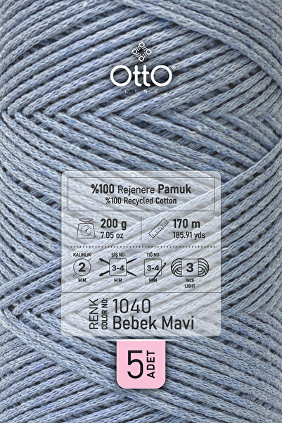 OTTO LİNE İnce Cotton Makrome - Bebek Mavi - 5'li Paket - 2mm/200gr/170m - Pamuk Makrome, Aksesuar ipi