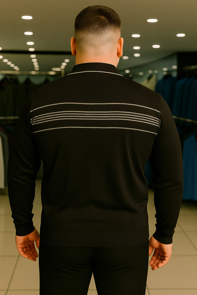 Maccali Men's Plus Size Striped Black Polo Zipper Sweatshirt