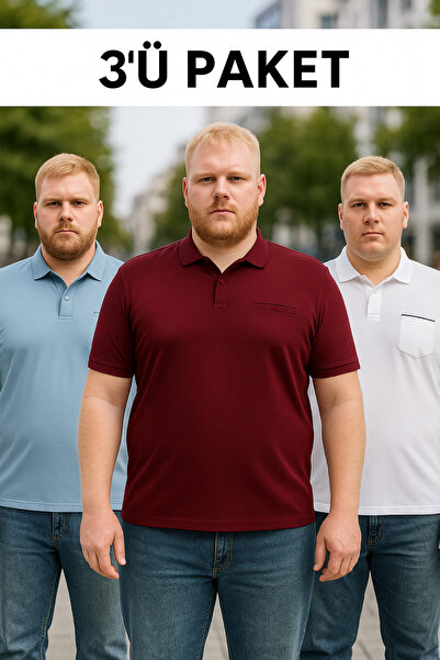 Maccali Ανδρικό μπλουζάκι 3 τεμαχίων Basic Plus Size με μακρύ γιακά πόλο