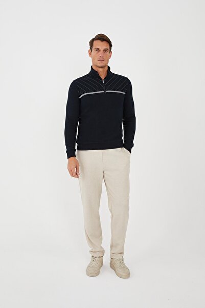 Maccali Men's Urbanedge Striped Zippered Throat Navy Blue Sweatshirt