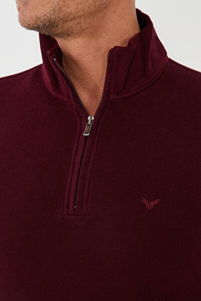 Maccali Men's High Top Half Zipper Fisherman Basic Long Burgundy Sweatshirt
