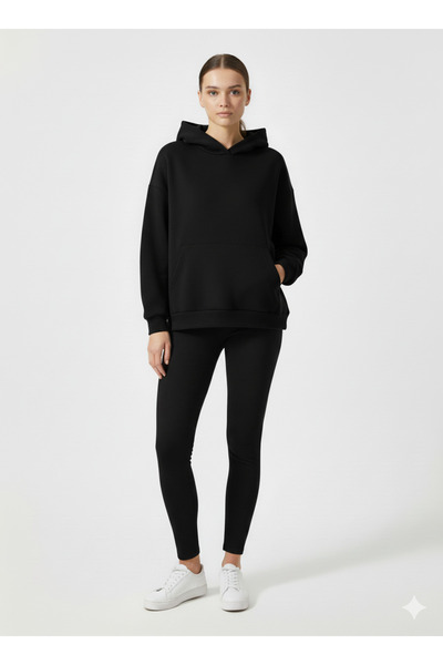 NACRE سويت شيرت نسائي أسود بغطاء للرأس مقاس كبير مع صوف من الداخل