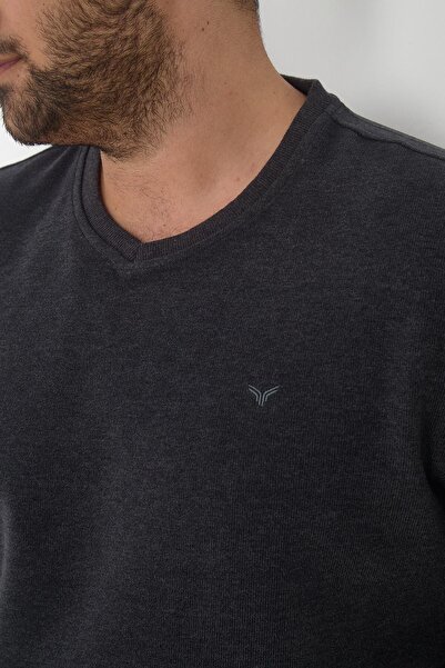 Maccali Men's Large Size V-Neck Oversized Basic Anthracite Sweatshirt