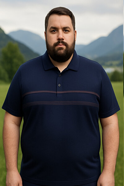 Maccali Men's Patterned Large Size Loose Navy Blue Polo Neck T-Shirt