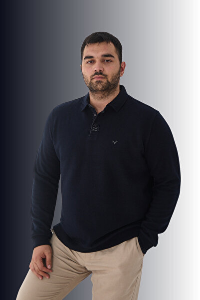 Maccali Men's Oversized Basic Plus Size Navy Blue Polo Neck T-Shirt