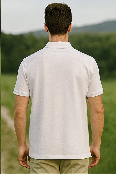 Maccali Men's Large Size Loose Patterned White Polo Neck T-Shirt