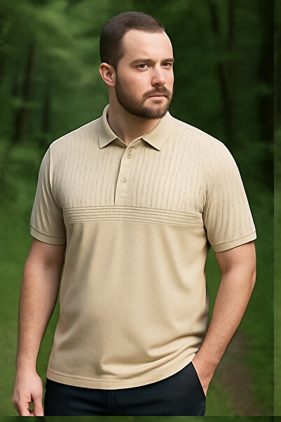 Maccali Men's Large Size Loose Patterned Cream Polo Neck T-Shirt