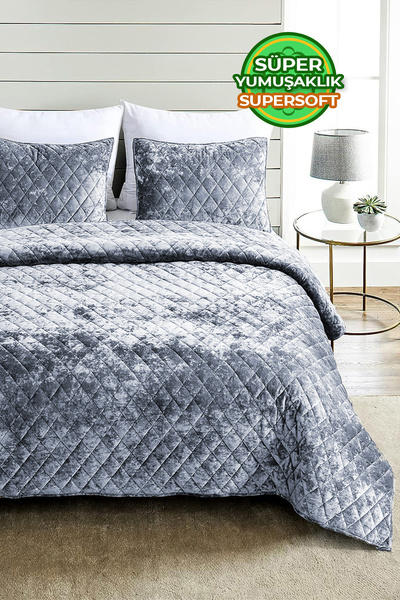 Evlen Home Collection Двоспальний комплект оксамитових покривал - Supersoft Kapitone, 3 частини, м'яка набивка з волокна, сірий колір