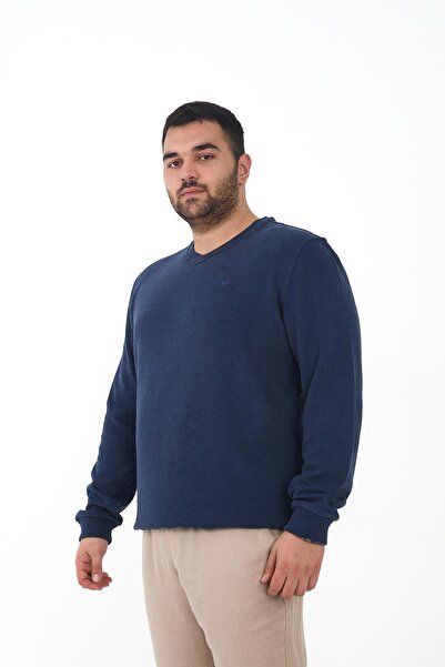 Maccali Ανδρικό φούτερ μεγάλου μεγέθους V-Neck Battal Basic μπλε