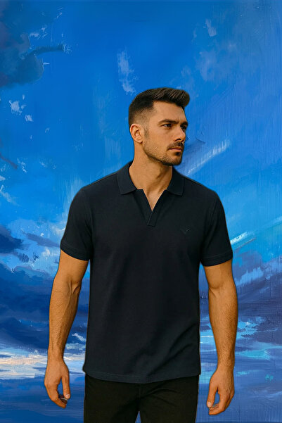 Maccali Men's Short Sleeve Cotton Navy Blue Polo Neck Basic T-Shirt