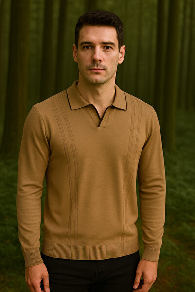 Maccali Мъжки пуловер с поло яка, на райета, свободна кройка, цвят кафе, зимен