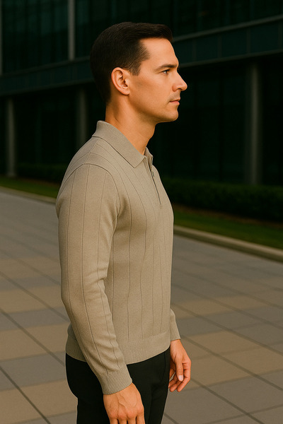 Maccali Erkek Çizgili Bej Polo Yaka Fermuarlı Sweatshirt