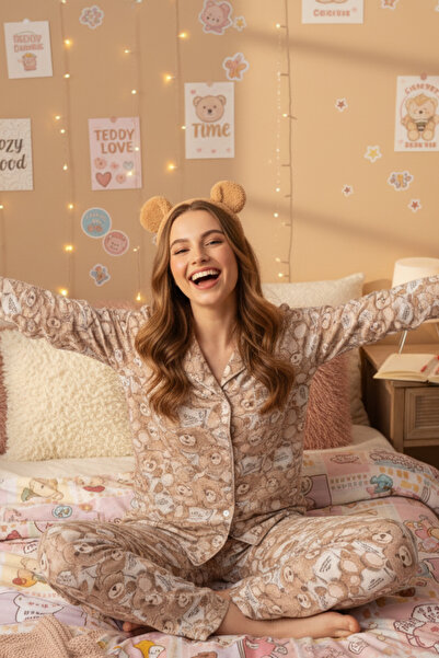 STRAWBERRY Coffee Ground Teddy Bear Pattern Long Sleeve Women's Pajama Set