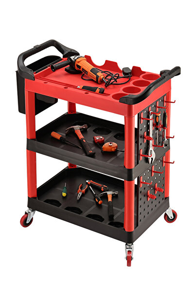 Lawazim Tool Cart with Side Bucket - 3-Tier Rolling Utility Cart for Garage & Detailing
