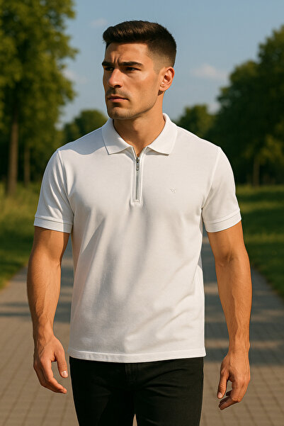 Maccali Ανδρικό κοντομάνικο μπλουζάκι με φερμουάρ Basic λευκό γιακά πόλο
