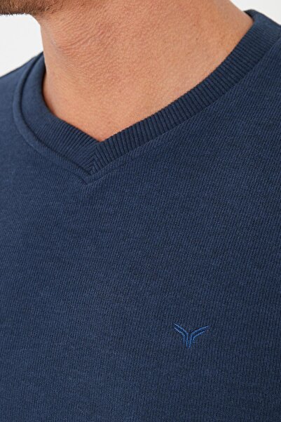 Maccali Erkek RelaxFit Kışlık V Yaka Uzun Düz Mavi Sweatshirt