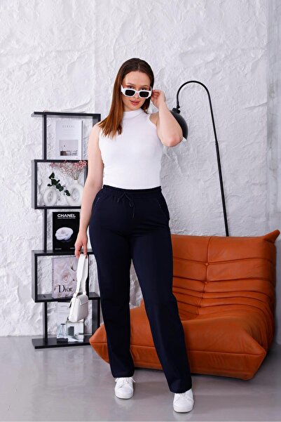 Piyera Women's Plus Size Navy Blue Pocket Stone Detail Sweatpants - 3058