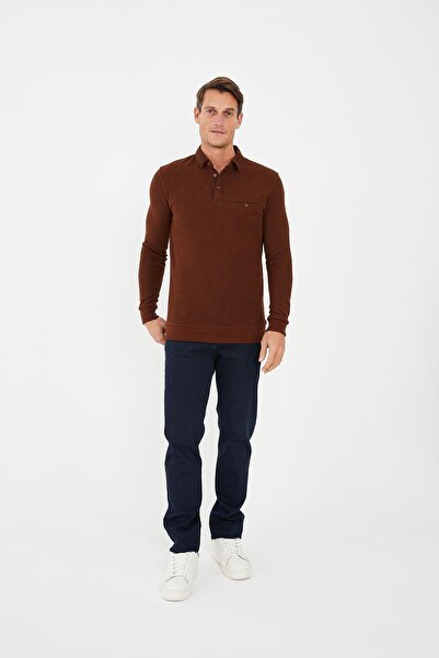 Maccali Ανδρικό μπλουζάκι Timeless Basic μακρύ μονόχρωμο καφέ με γιακά πόλο με τσέπες