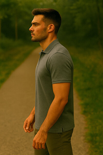 Maccali Men's Short Sleeve Cotton Gray Polo Neck Basic T-Shirt