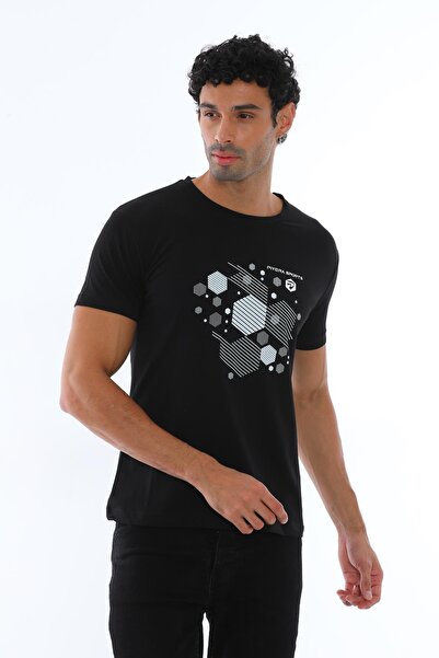 Piyera Men's Black Single Jersey Fabric Geometric Printed Crew Neck Short Sle...