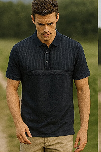 Maccali Men's Large Size Loose Patterned Navy Blue Polo Neck T-Shirt