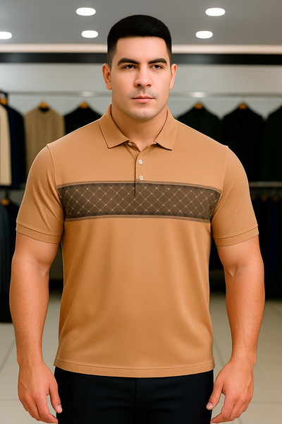 Maccali Men's Large Size Patterned Loose Brown Polo Neck T-Shirt