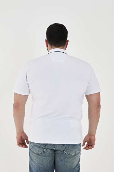 Maccali Men's Patterned Basic Large Size Short Sleeve Oversize Polo Neck T-Shirt White