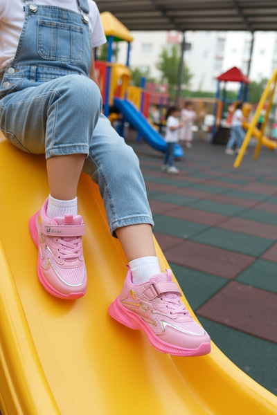 BOUIS Çocuk Pembe Bağcıklı Tek Cırt Cırtlı Esnek Hafif Nefes Alabilen Unisex File Sneaker Spor Ayakkabı