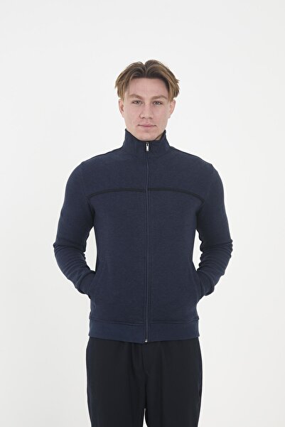 Maccali Чоловічий EchoWave смугастий прямий комір на блискавці, однотонний синій світшот