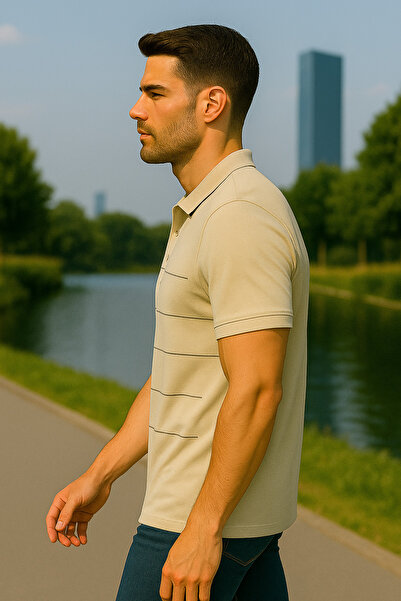 Maccali Men's Striped Cotton Stone Polo Neck Basic T-Shirt