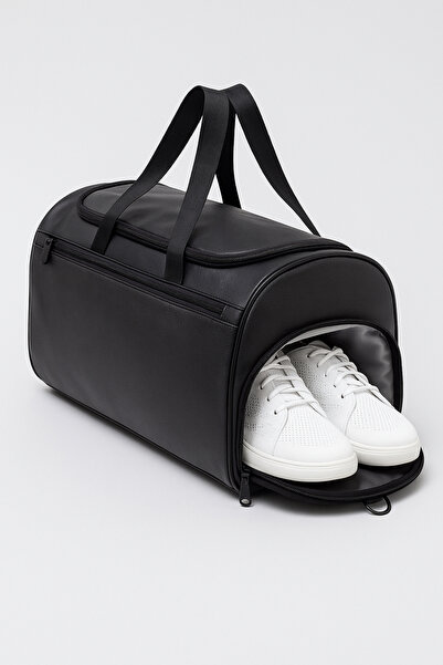 KAFF Black Faux Leather Unisex Large Volume Travel Sports Fitness Gym Bag with Side Shoe Compartment - 00124