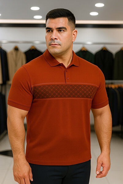 Maccali Men's Large Size Patterned Loose Tile Polo Neck T-Shirt