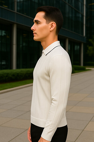 Maccali Чоловічий смугастий білий светр з коміром-поло та застібкою-блискавкою