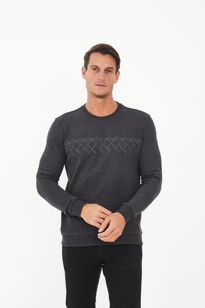 Maccali Men's Cloudfit Basic Long Crew Neck Pattern Anthracite Sweatshirt