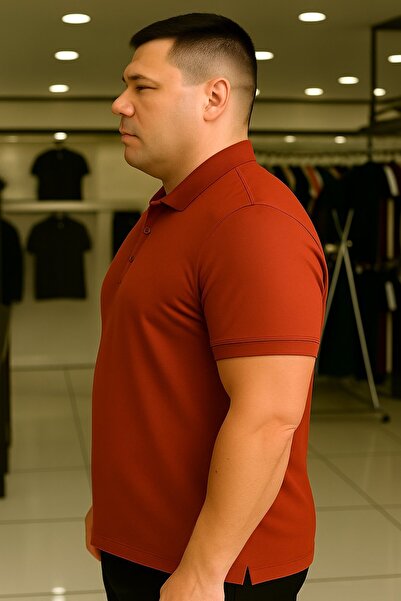 Maccali Men's Plus Size Basic Red Polo Neck T-Shirt with Pockets