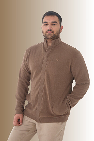 Maccali Men's Large Size Zip-Up Cardigan Oversized Pocket Brown Sweatshirt