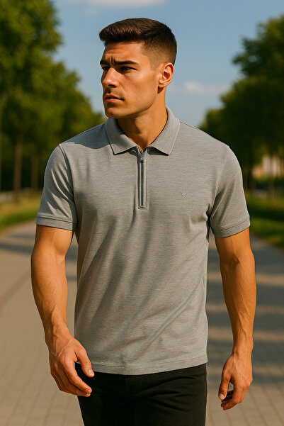 Maccali Men's Short Sleeve Zippered Basic Gray Polo Neck T-Shirt