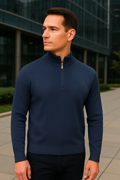 Maccali Чоловічий светр з коміром на блискавці, темно-синій, трикотажний