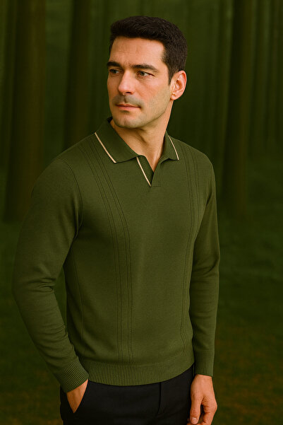 Maccali Erkek Polo Yaka Çizgili Basic Bol Haki Kışlık Kazak