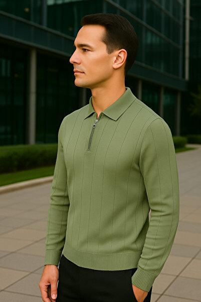 Maccali Ανδρικό φούτερ με ριγέ πράσινο γιακά πόλο με φερμουάρ