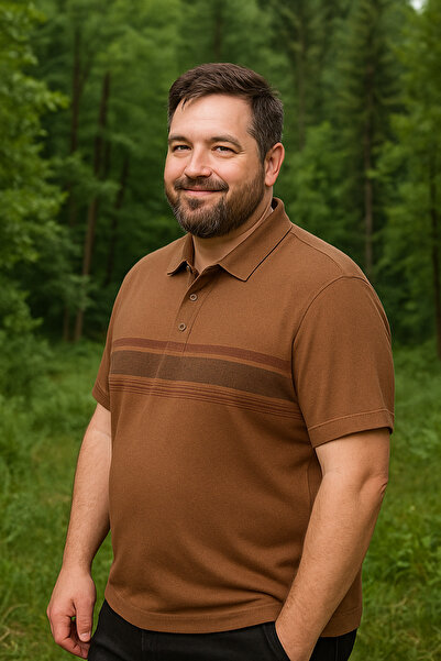 Maccali Men's Patterned Large Size Loose Brown Polo Neck T-Shirt