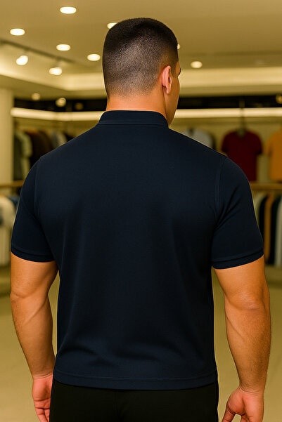 Maccali Men's Plus Size Basic Polo Neck Navy Blue T-Shirt