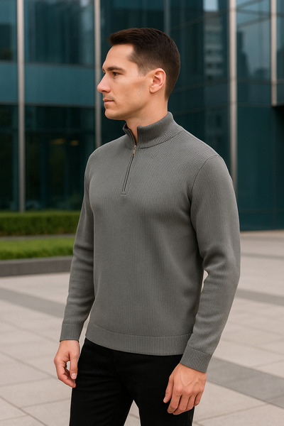 Maccali Men's High Neck Zippered Gray Sweatshirt Knitwear Sweater